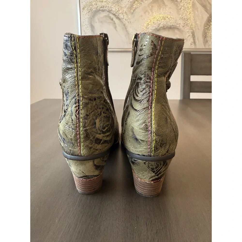 Spring Step L'Artiste Waterlily  Leather Boots Ankle Green Brown Floral S 7 - Picture 3 of 16